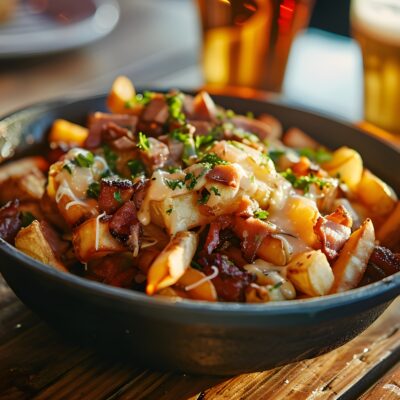 blackwater-irish-pub-winterberg-loaded fries with meat and cheddar on top-Ponnes Frites mit Schinken und Käse
